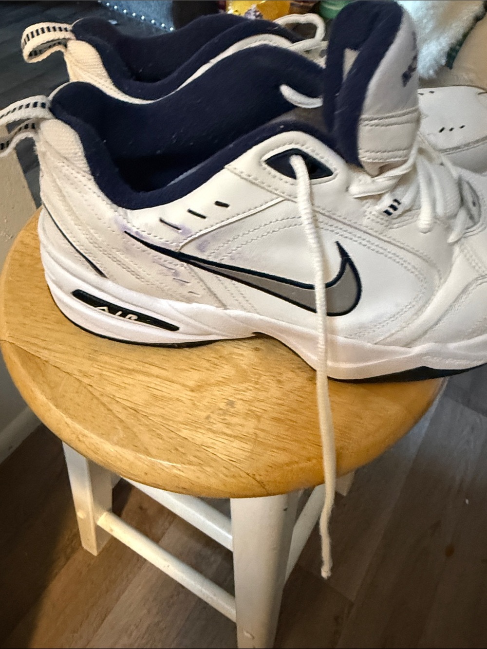 Nike White Leather Trainers with Navy and Black Accents